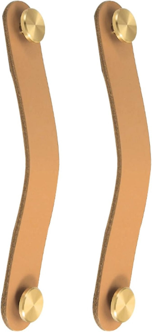Brass Essence leather and brass strap cabinet pulls with sleek design and sturdy handles, ideal for kitchen or furniture drawers.