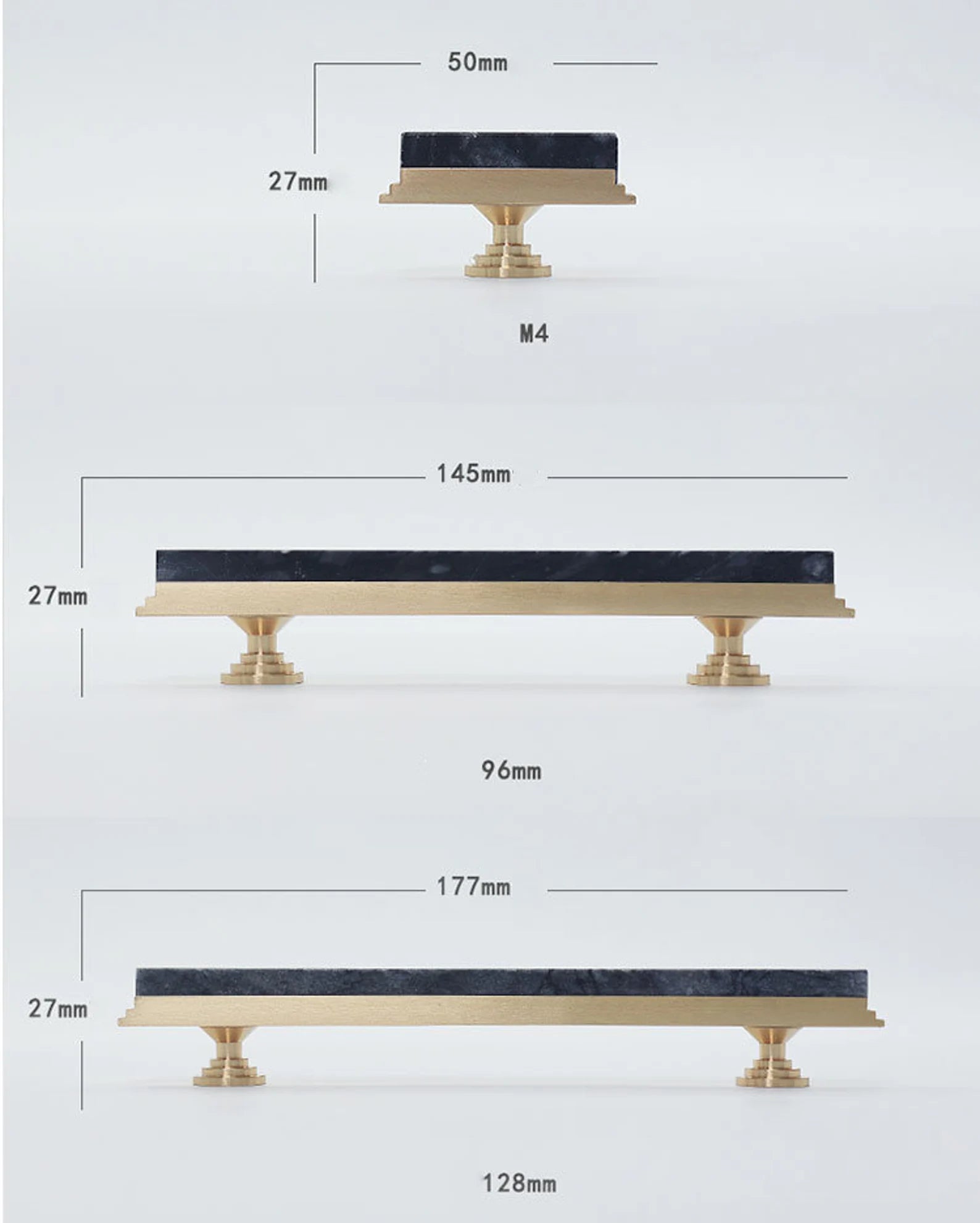Karish Modern white marble and brass T-bar handle by Brass Essence, featuring sleek design and polished finish for furniture or cabinets.